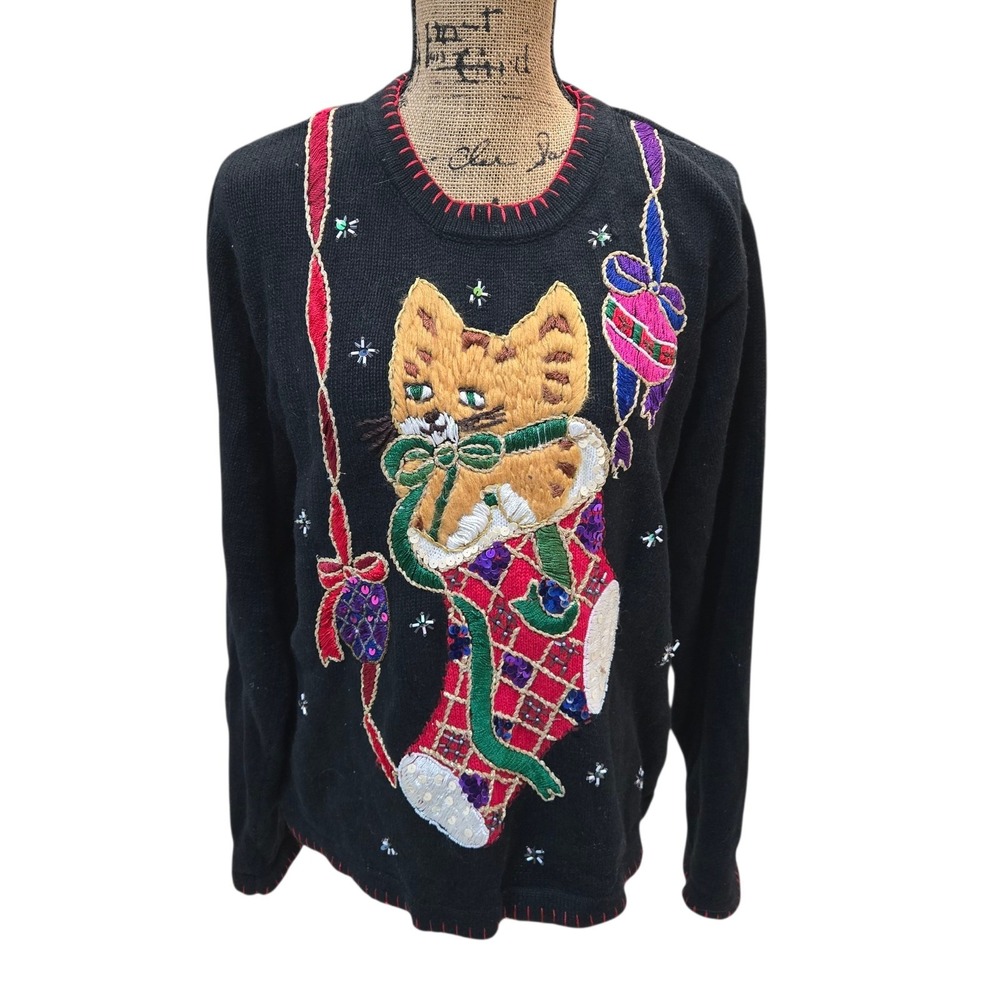 Vtg 90s B. P. Design Kitten In A Stocking Cat Lady Christmas Sweater Women's L